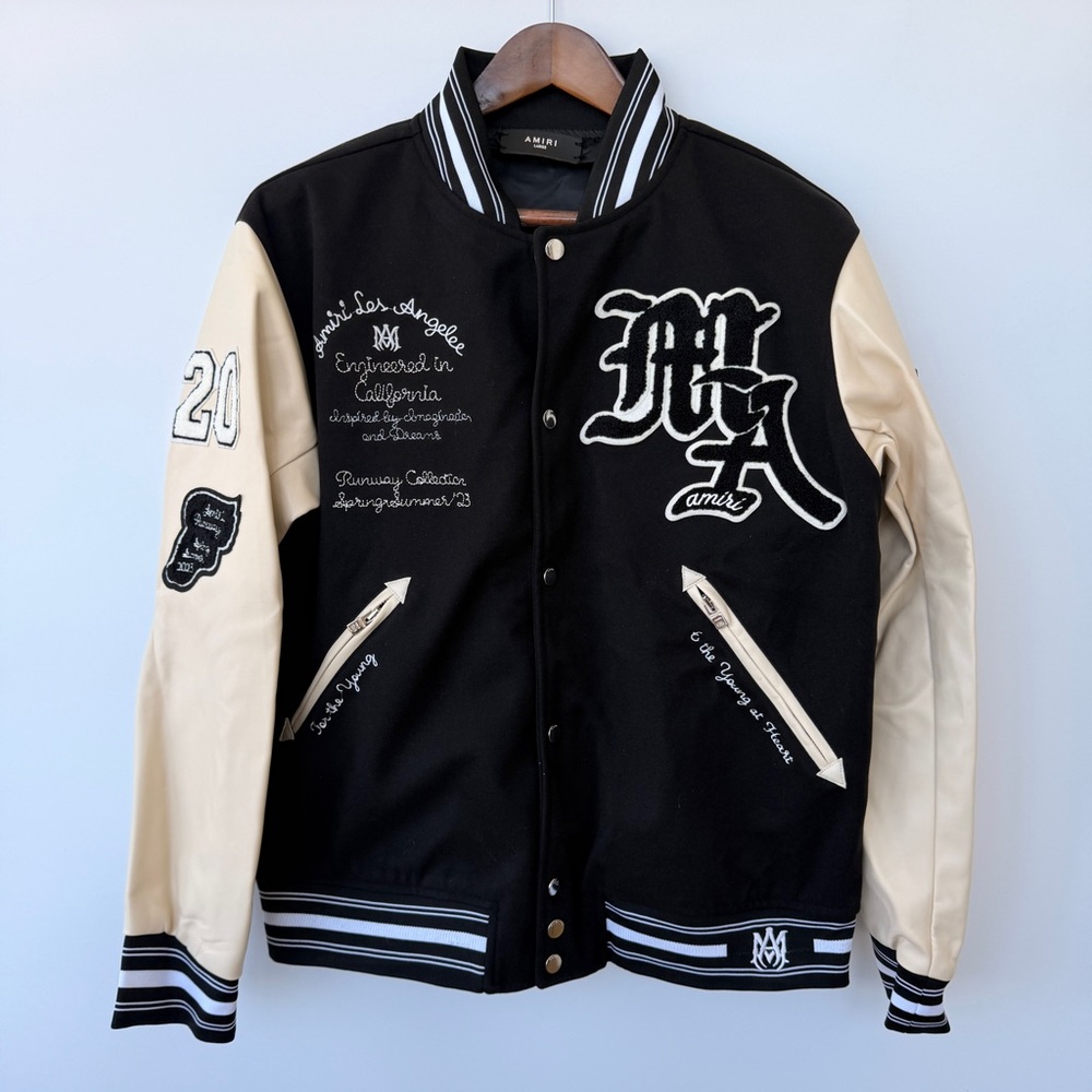 AMIRI Black and Cream Bomber Varsity Jacket